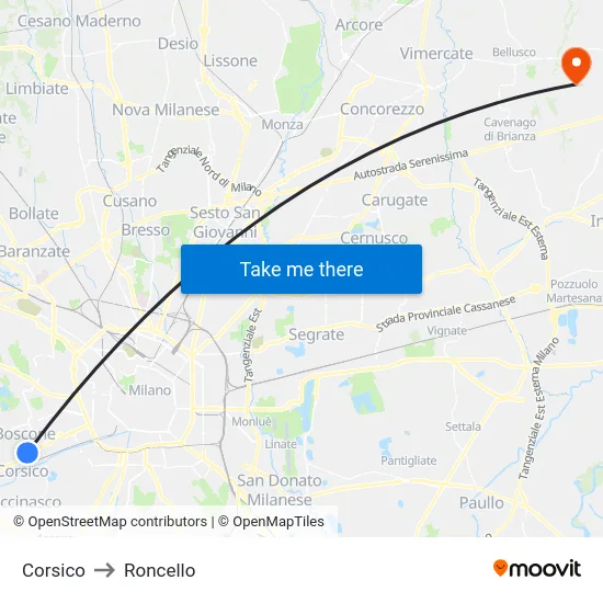 Corsico to Roncello map