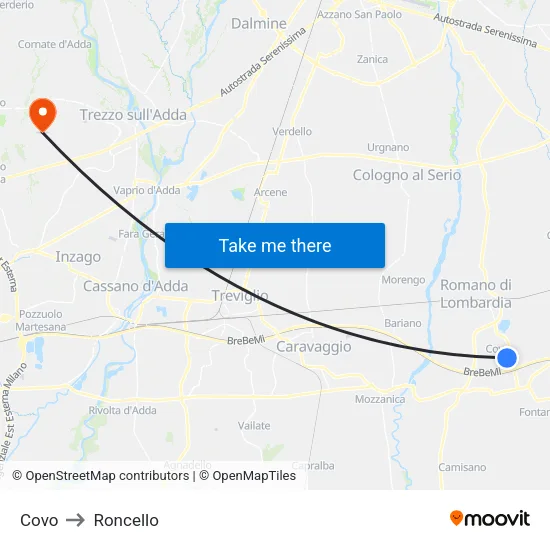 Covo to Roncello map