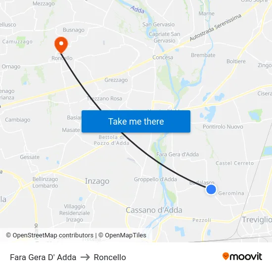 Fara Gera D' Adda to Roncello map