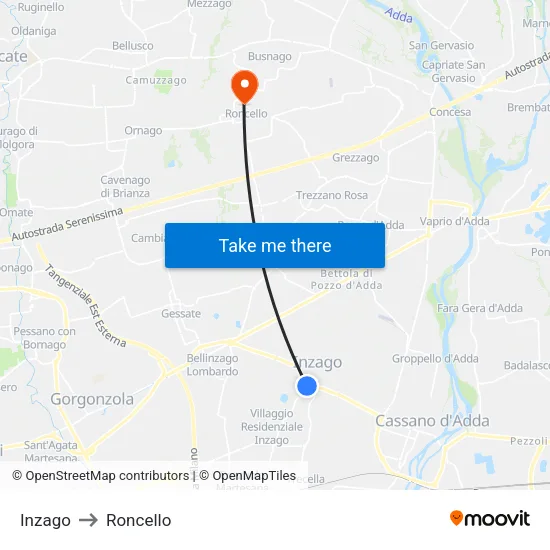 Inzago to Roncello map