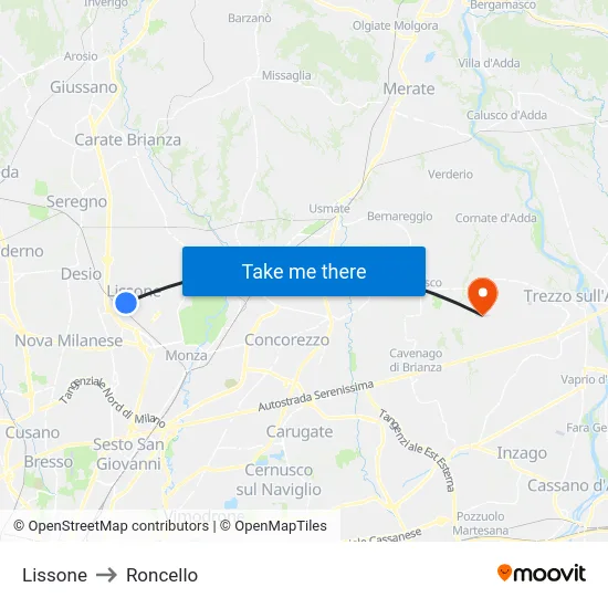 Lissone to Roncello map