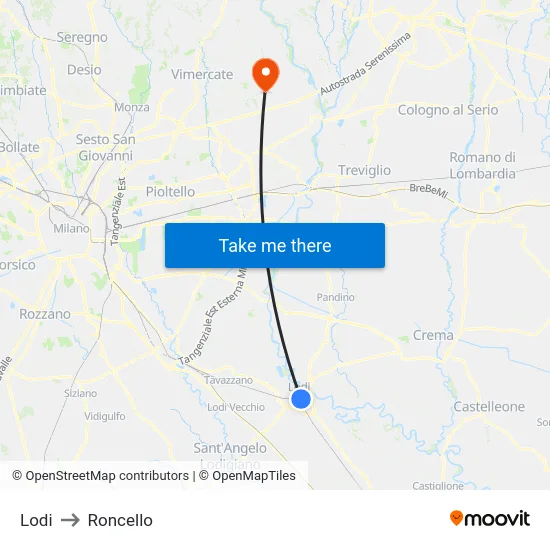 Lodi to Roncello map