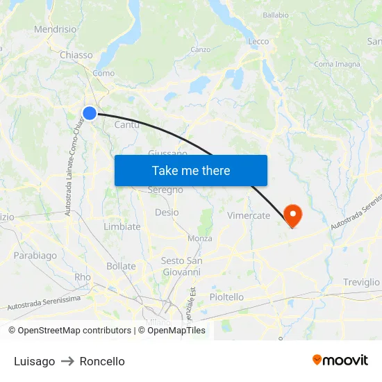 Luisago to Roncello map