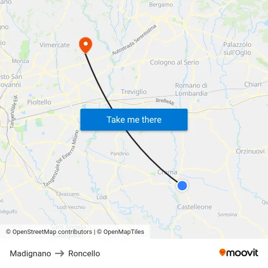 Madignano to Roncello map