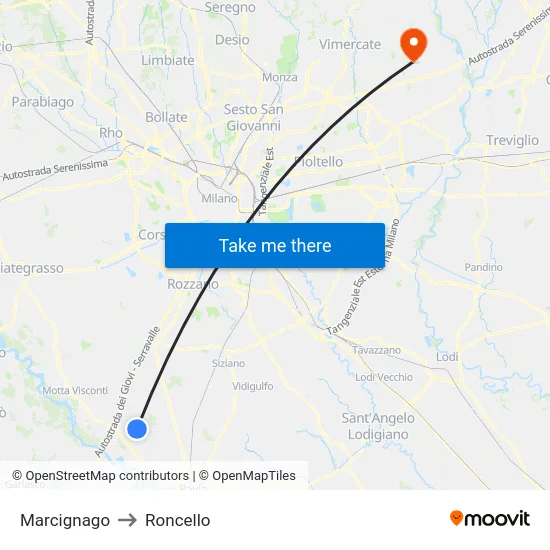 Marcignago to Roncello map