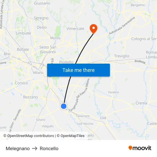 Melegnano to Roncello map