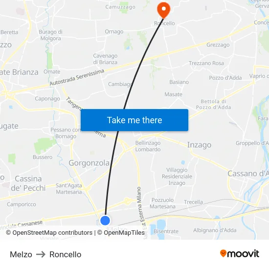 Melzo to Roncello map