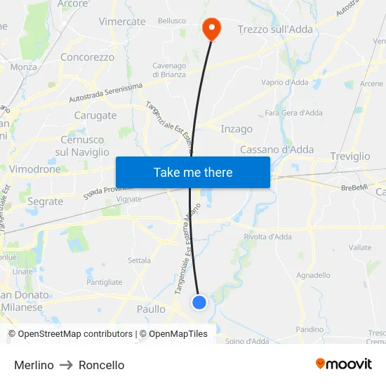 Merlino to Roncello map