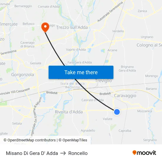 Misano di Gera d'Adda to Roncello map