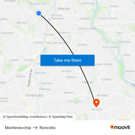 Montevecchia to Roncello map