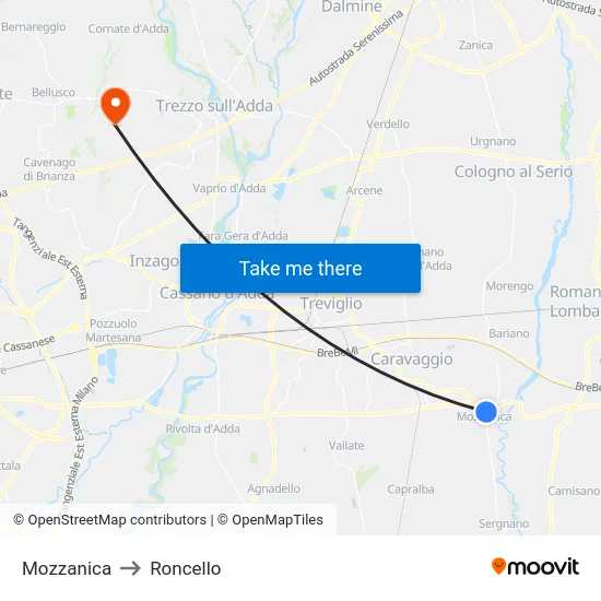 Mozzanica to Roncello map