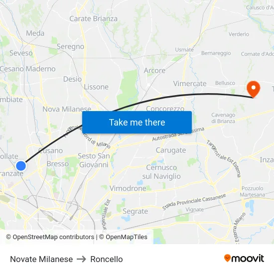 Novate Milanese to Roncello map