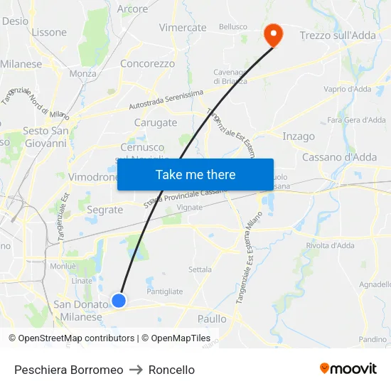 Peschiera Borromeo to Roncello map