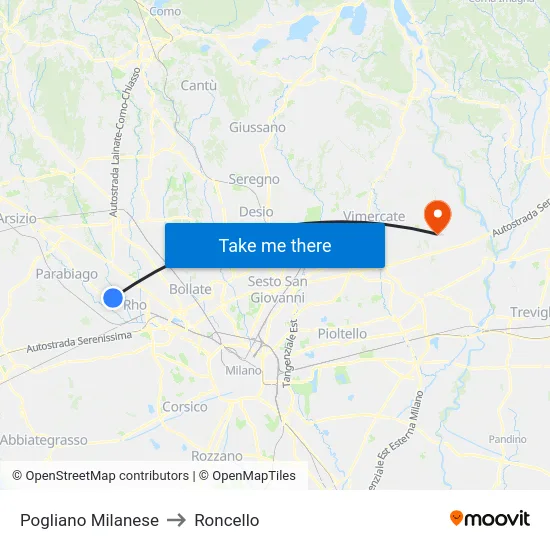 Pogliano Milanese to Roncello map