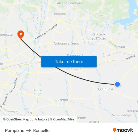 Pompiano to Roncello map