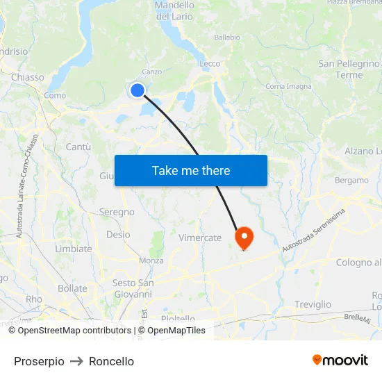 Proserpio to Roncello map