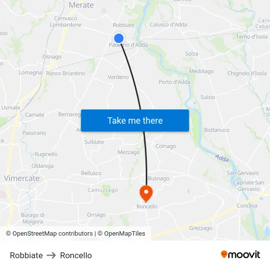 Robbiate to Roncello map