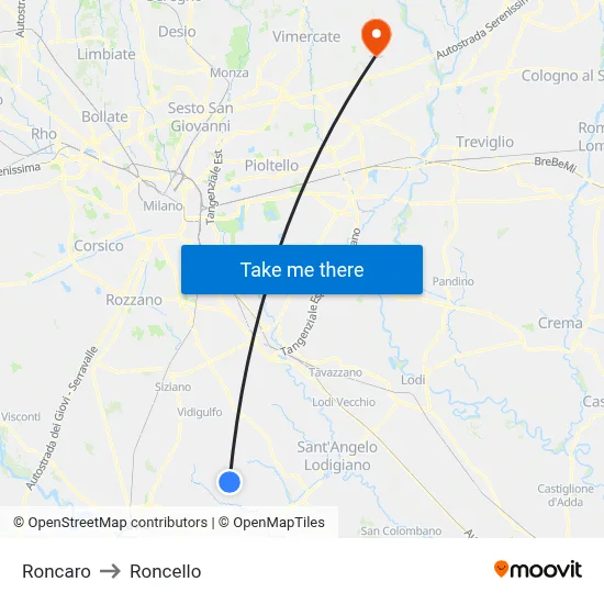 Roncaro to Roncello map