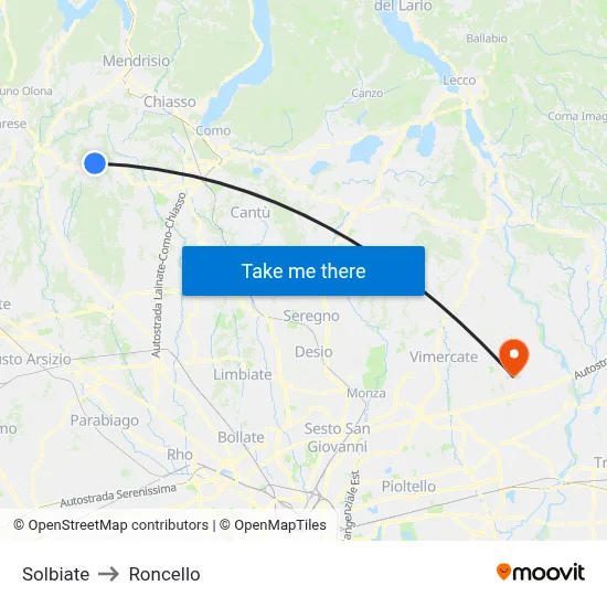 Solbiate to Roncello map