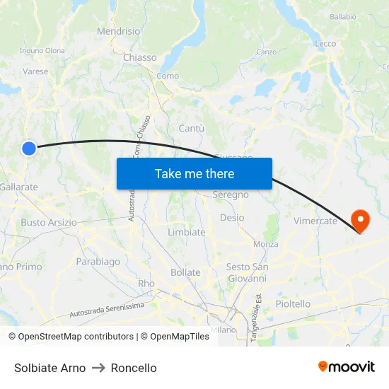 Solbiate Arno to Roncello map