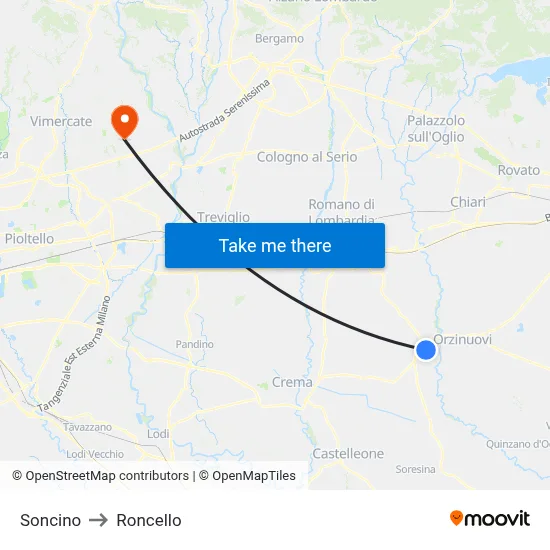 Soncino to Roncello map