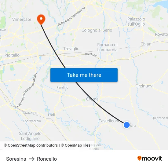 Soresina to Roncello map