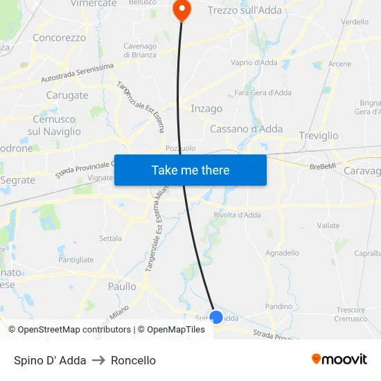 Spino D' Adda to Roncello map
