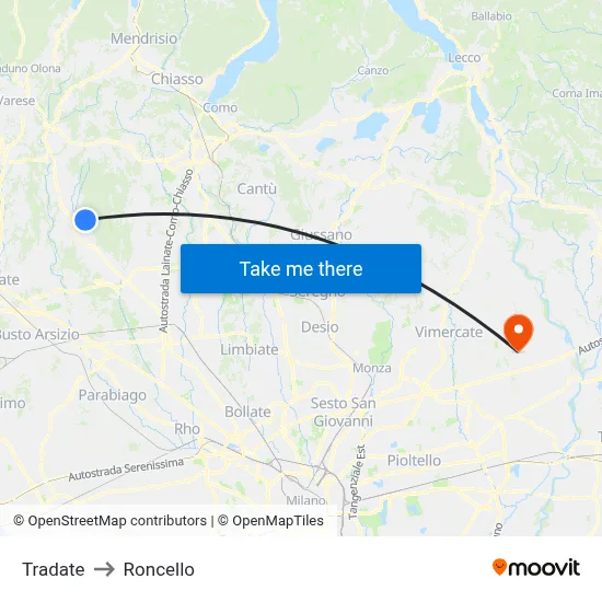 Tradate to Roncello map