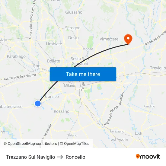 Trezzano Sul Naviglio to Roncello map