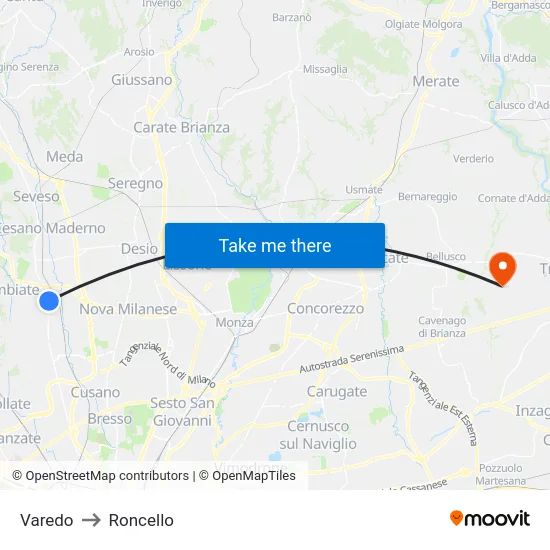 Varedo to Roncello map