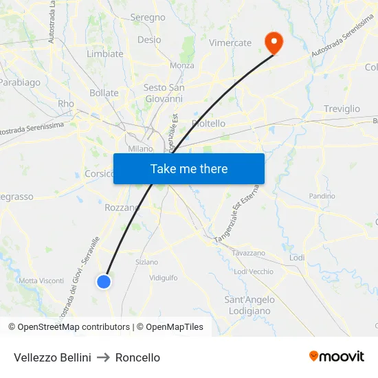 Vellezzo Bellini to Roncello map
