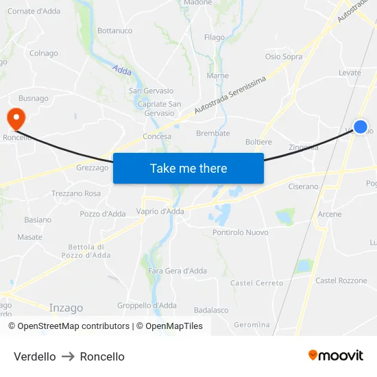 Verdello to Roncello map