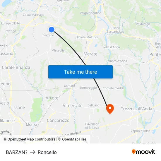 Barzan to Roncello map