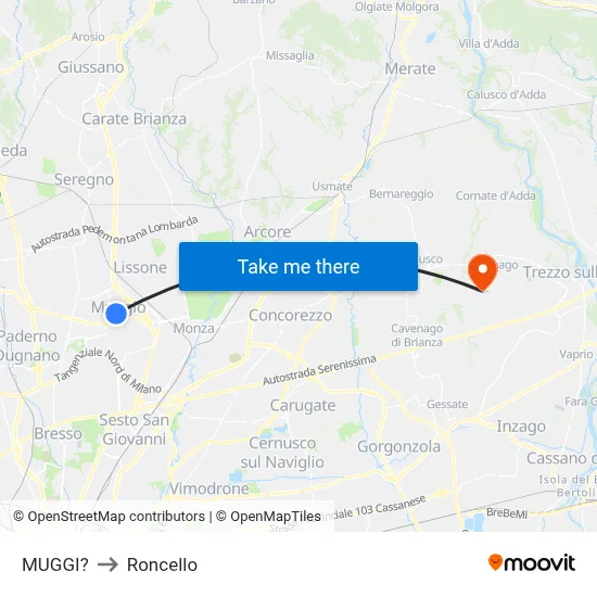 Muggiò to Roncello map