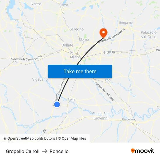 Gropello Cairoli to Roncello map