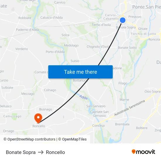 Bonate Sopra to Roncello map