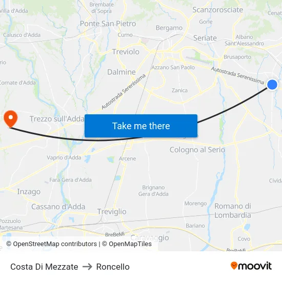Costa di Mezzate to Roncello map