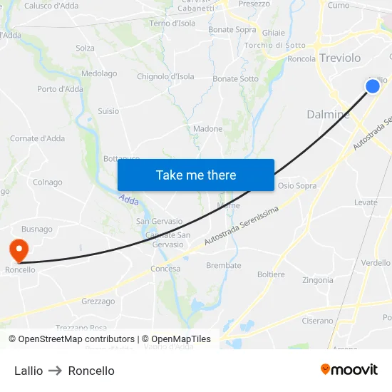 Lallio to Roncello map