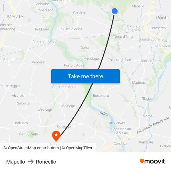 Mapello to Roncello map