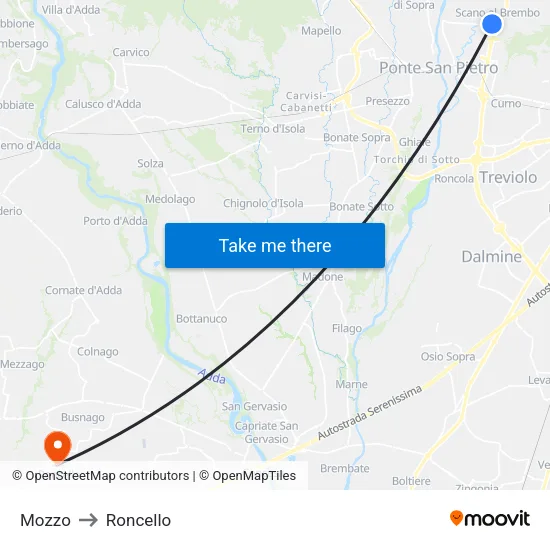 Mozzo to Roncello map