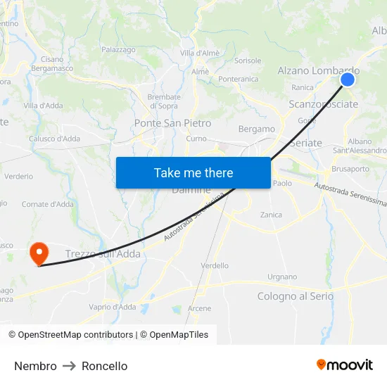 Nembro to Roncello map