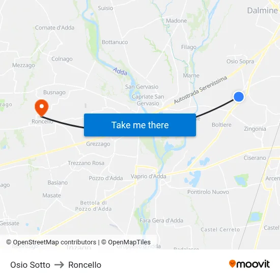 Osio Sotto to Roncello map