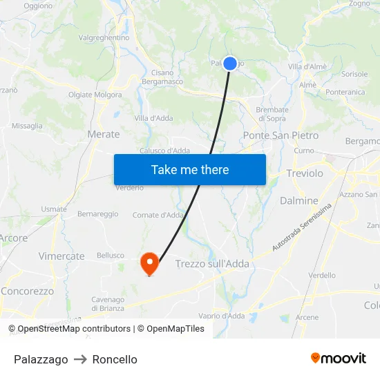 Palazzago to Roncello map