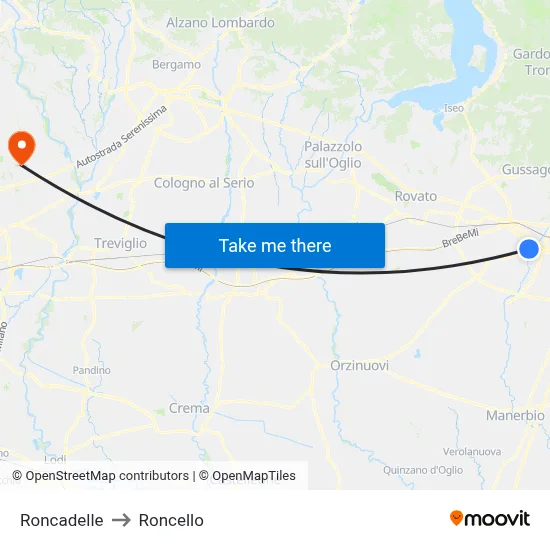Roncadelle to Roncello map