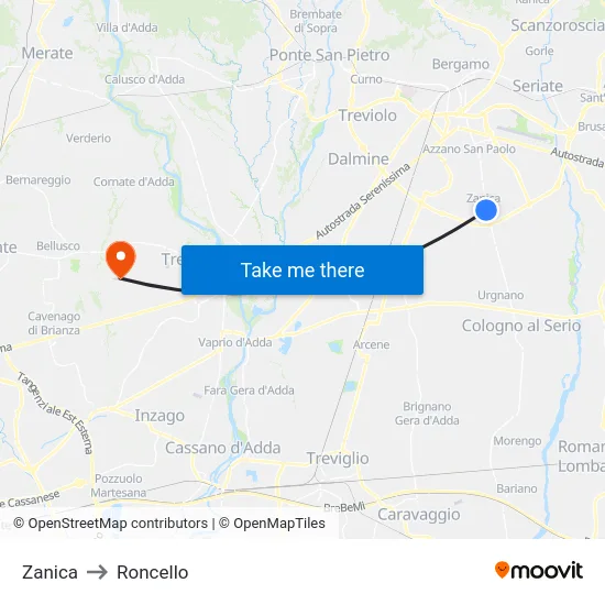 Zanica to Roncello map