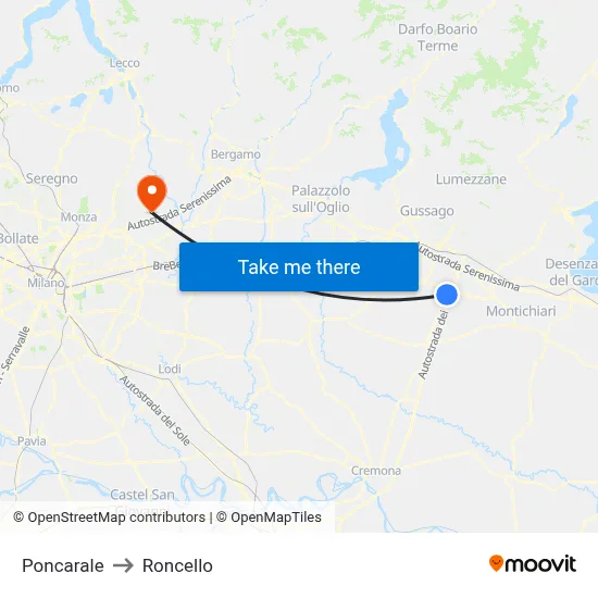 Poncarale to Roncello map