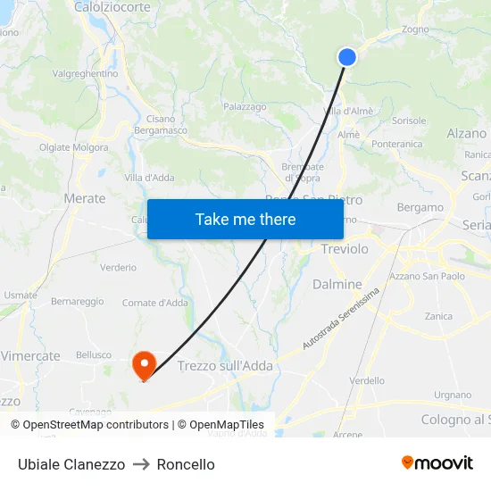 Ubiale Clanezzo to Roncello map