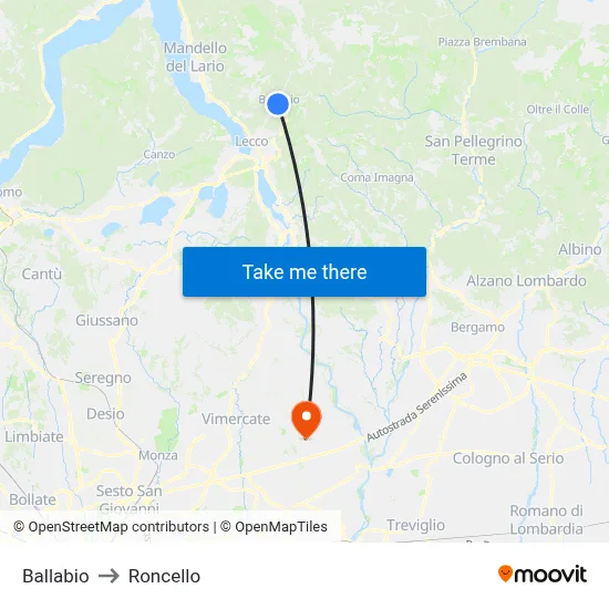 Ballabio to Roncello map