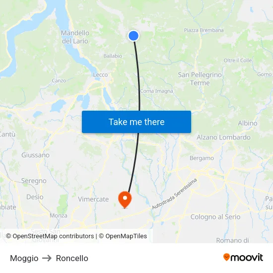Moggio to Roncello map