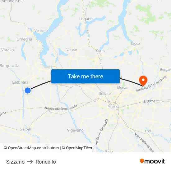 Sizzano to Roncello map